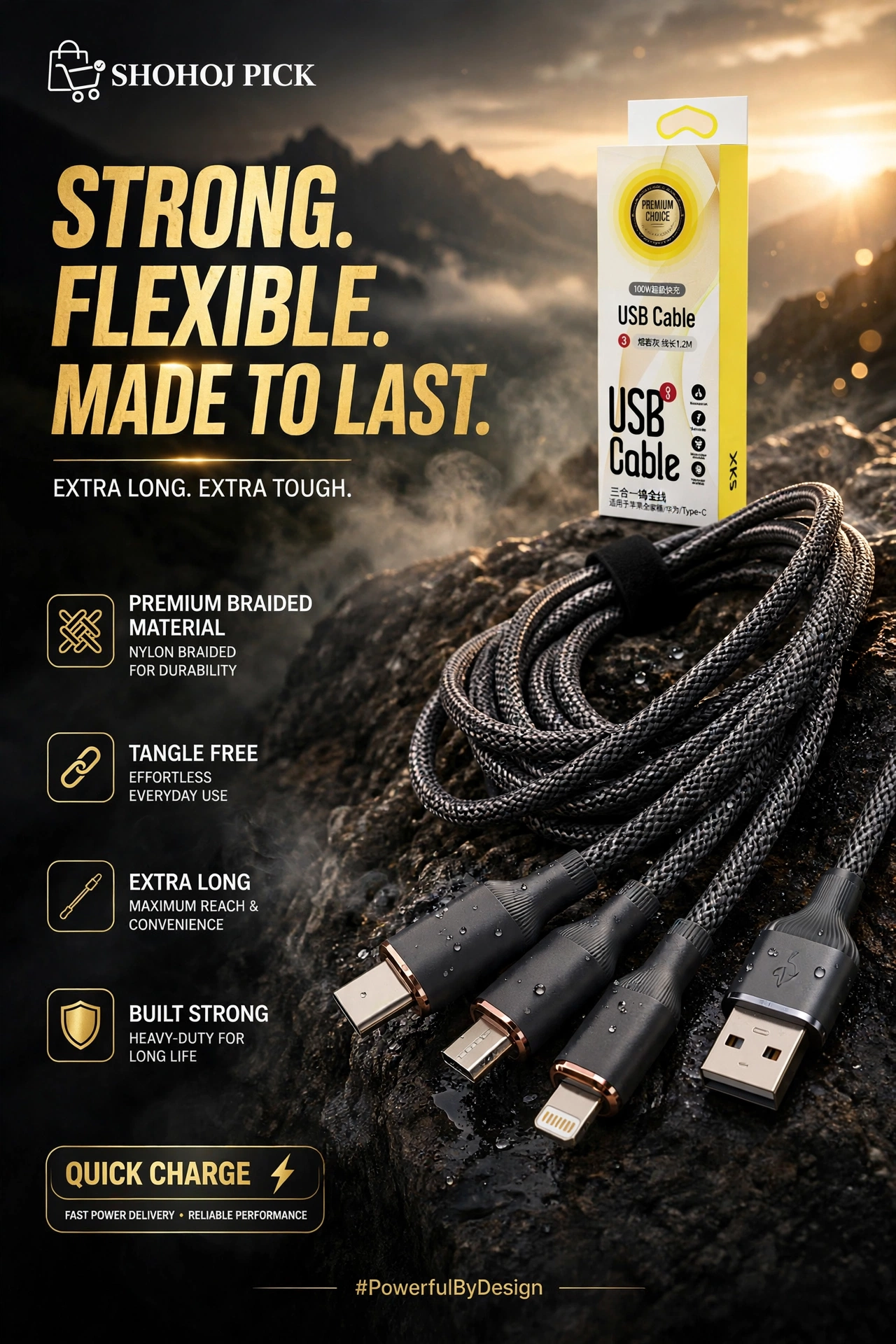 luxury_cable_poster_1 Braided 3 In 1 Charging Cable /Micro USB /Type-C Phone Charger/ USBC Data Cable 2Meter Long - Image 1